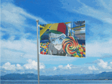 a flag with a picture of a girl holding a colorful lollipop
