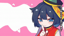 a drawing of a girl with blue eyes and a hat with chinese writing on it