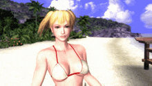 a blonde woman in a bikini is standing on a beach