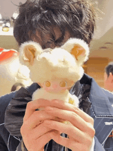 a person holding a stuffed animal in front of their face with a yellow eye