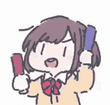 a cartoon girl is holding a card in her hand and giving a thumbs up .