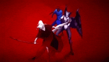 a man with a sword is fighting another man with a sword .
