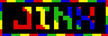 a colorful background with the word jinx in black