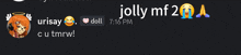 a screenshot of a conversation between urisay and doll