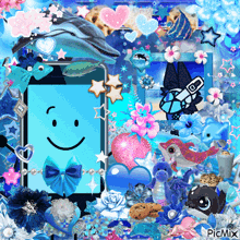 a phone with a smiley face on the screen is surrounded by blue and pink objects