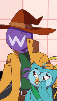 a purple cartoon character with a w on his head