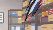 a cartoon drawing of a store with shelves filled with various items