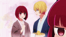 a couple of anime characters standing next to each other with one of them holding a yellow rubber duck