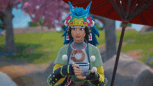 a girl with a dragon headband is holding a cup of tea