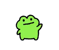 a green frog with a sad face is waving its hand .