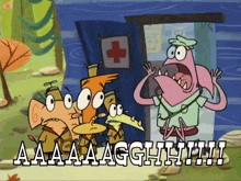 a group of cartoon characters are standing in front of a building with a red cross on it ..