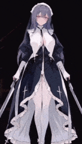 a drawing of a nun holding two swords with crosses on them