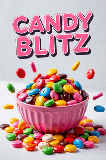 a pink bowl filled with colorful candies with candy blitz written on the top