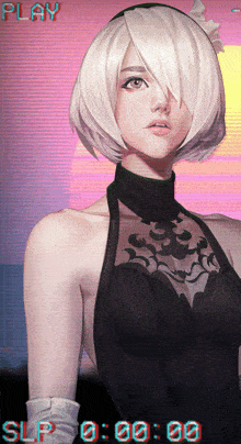 a woman in a black dress is on a screen that says play