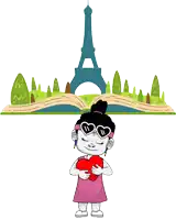 a girl wearing heart shaped sunglasses holds a heart in front of an open book with the eiffel tower in the background