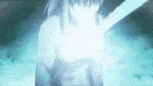 a person is holding a sword in their hand and a light is coming out of their hand .