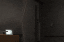 a girl with red eyes is looking out of a door