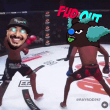 a cartoon of a clown with the word fud out written on it