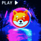 a colorful background with a play button and a shiba inu