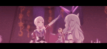 a couple of anime girls are standing next to each other in a room .