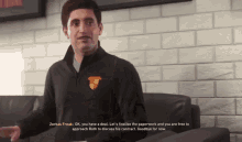 a man in a black jacket is talking to zorbas freak in a video game