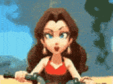 a cartoon girl is riding a motorcycle in the desert .