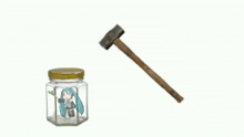 a glass jar with a hammer and a cartoon girl on it