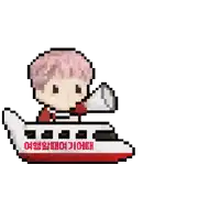 a pixel art of a boy riding on the back of an airplane