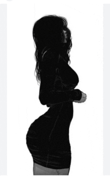 a black and white drawing of a woman in a short black dress