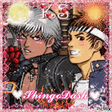 a picture of two anime characters with the words king of fighters and shingo dash on the bottom