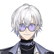 a man with white hair and purple glasses is smiling with smoke coming out of his mouth