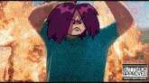 a cartoon character with purple hair is standing in front of a fire with buttsack approved in the corner