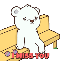 a cartoon of a polar bear sitting on a bench with the words " i miss you " below him