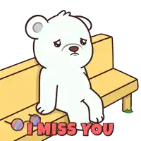 a cartoon of a polar bear sitting on a bench with the words " i miss you " below him
