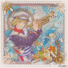 a picture of a man playing a trumpet with the words down by the sea written above him
