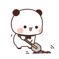 a cartoon panda bear is holding a shovel in its hand
