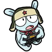 a cartoon of a rabbit wearing a hat and holding a game controller that says miu on it