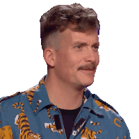 a man wearing a blue shirt with a tiger on it