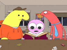 three cartoon characters are standing around a table with a sign that says sh ghoul