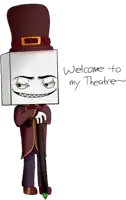 a drawing of a man with a box on his head and the words welcome to my theatre below him