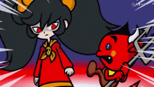 a cartoon of a girl in a red dress standing next to a red demon with horns and a trident