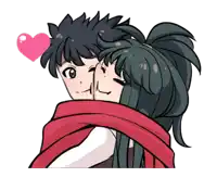 a boy and a girl are hugging with a heart in the background
