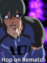 a cartoon of a person with their tongue out and the words hop on rematch at the bottom