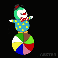 a cartoon of a clown balancing on a ball with abster written below it