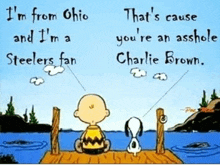a cartoon of charlie brown and snoopy sitting on a dock with a quote from charlie brown