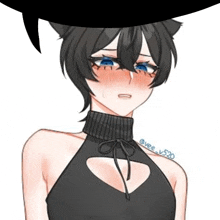 a drawing of a girl with cat ears wearing a black sweater with a heart cut out .