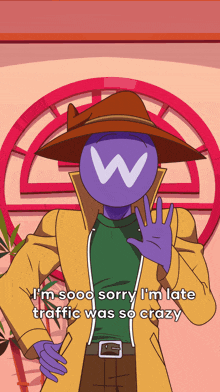 a cartoon character with a w on his head