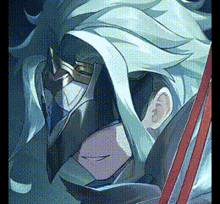 a close up of a cartoon character with a mask on his face .