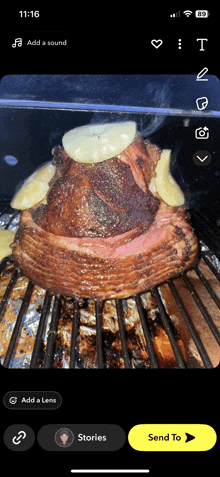 a phone screen shows a picture of a steak on a grill and a send to button