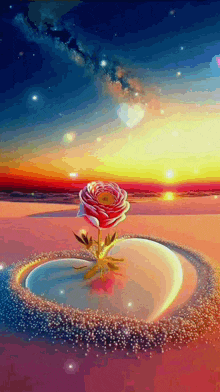 a red rose is growing out of a heart shaped circle on the beach .